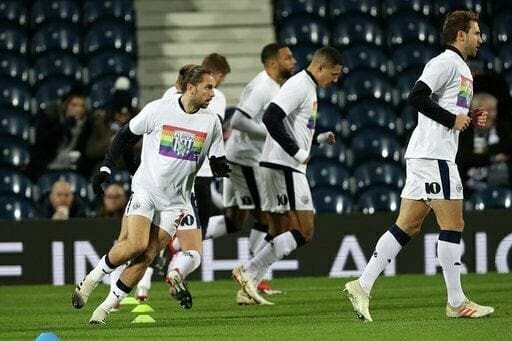 Players at West Bromwich Albion wearing Proud Baggies T-Shirts as a part of the Rainbow Laces 2018 campaign.